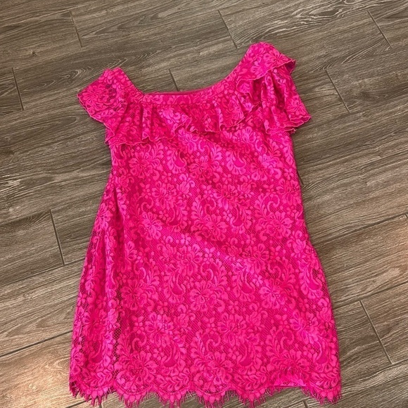 Trina Trina Turk Glorieta Off-the-Shoulder Lace Pink Dress Size 12 - Picture 4 of 8